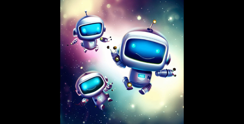 宙に浮くロボット達。 『マインドフルネスと学習』のブログ記事画像。