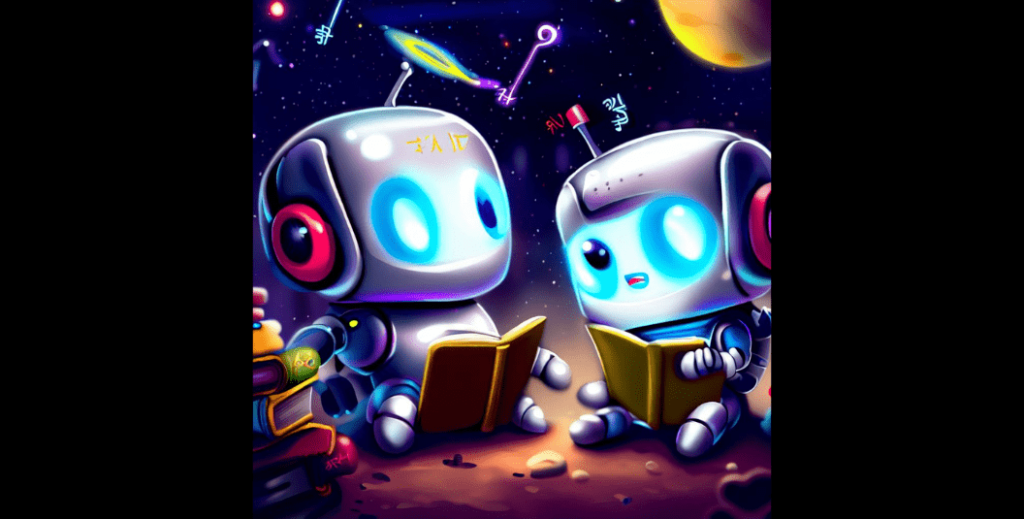 黄色の本を読むロボット達。 『英語を学ぶ理由 - 人工知能(AI)の時代』のブログ記事画像 English: Robots reading a yellow book. Blog post image titled "Why Learn A Language - The Age of Artificial Intelligence (AI)"