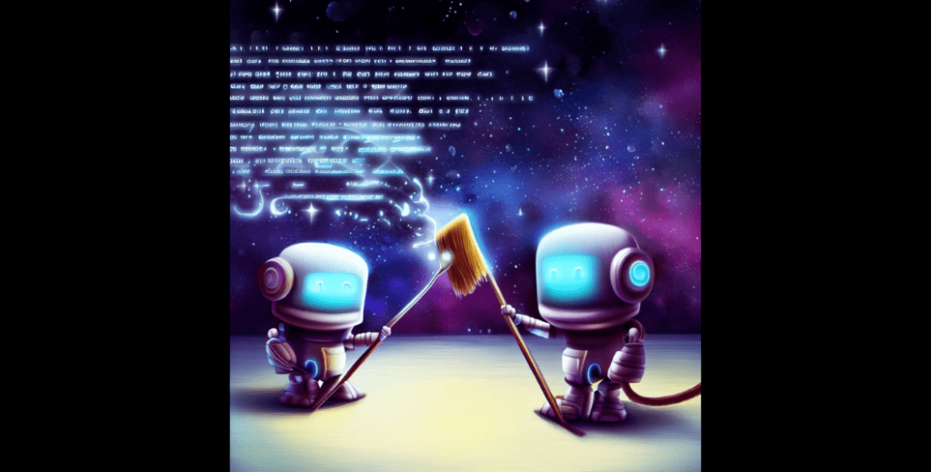 壁を掃除するロボット達。 『不必要な英語の副詞を省こう』ブログ記事の画像。