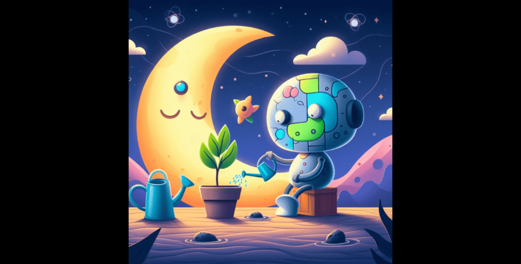 月で水やりをするロボット。 『英語学習 モチベーション維持』のブログ記事画像。