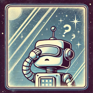 レトロなスタイルのロボットが、頭を抱えながら困惑した表情をしている。背景には星や惑星が描かれており、この画像は「不確かさ」を表現している。
