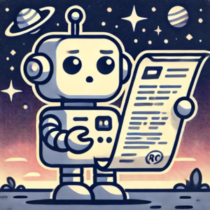 レトロなスタイルのロボットが、困惑した表情で書類を読んでいる。背景には星や惑星が描かれており、この画像は「曖昧さ」を表現している。