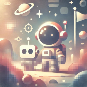 レトロなスタイルの宇宙飛行士と小さなロボットが、モザイクのかかったぼんやりとした風景の中で立っている。背景には惑星や星、旗が描かれており、「曖昧さ」を表現している。