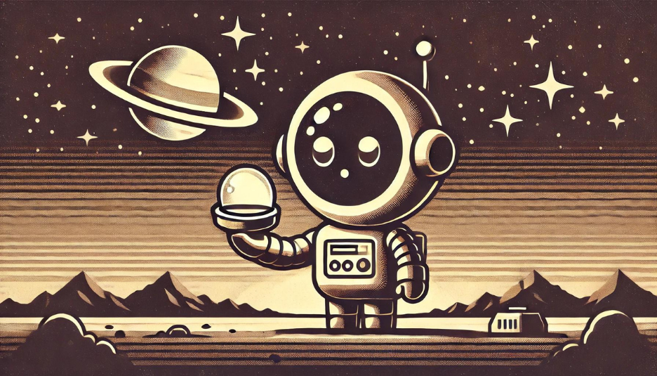 ブログ画像：曖昧な英語。 レトロなスタイルの可愛いロボットが宇宙で曖昧な物体を手に持ち見つめているイラスト。背景には星や遠くの惑星が描かれ、ノスタルジックな1980年代のSFの雰囲気を醸し出している。ロボットは好奇心に満ちた表情をしており、広いアスペクト比で描かれている。"