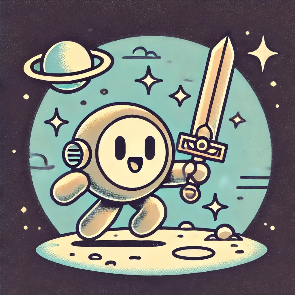 A retro-styled, cute robot with a rounded design is standing on a small moon-like surface in space. The robot is smiling and holding a shiny sword. The background features stars, distant planets, and a prominent ringed planet, creating a nostalgic 1980s sci-fi atmosphere. The overall color scheme is soft with a vintage touch.