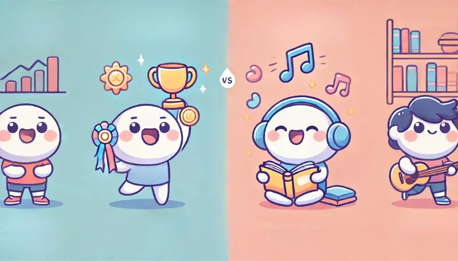 この画像は、外発的動機付けと内発的動機付けの違いを視覚的に表現したイラストです。背景は、左側が淡い青、右側が淡いピンクのパステルグラデーションで構成されています。左側には、報酬としてメダルやトロフィーを持って喜んでいるキャラクターが描かれ、外発的動機付けを象徴しています。右側には、読書や音楽など好きな活動を楽しんでいるキャラクターが描かれており、内発的動機付けを表しています。キャラクターは、丸みを帯びたかわいらしいデザインで、柔らかい色合いが特徴です。