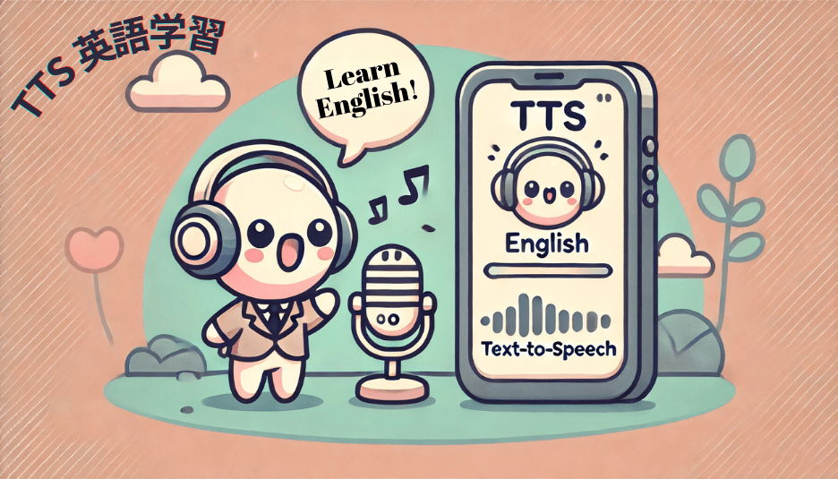llustration of a cute character wearing headphones, standing next to a microphone, with a speech bubble saying "Learn English!" An adjacent smartphone screen displays a TTS (Text-to-Speech) app interface, labeled "TTS English" and shows an audio wave graphic. The background includes small plant and cloud designs, adding a playful, learning-friendly atmosphere. The text "TTS 英語学習" (TTS English Learning) appears in Japanese at the top. The image emphasizes the theme of English learning through テキスト・トゥ・スピーチ technology.